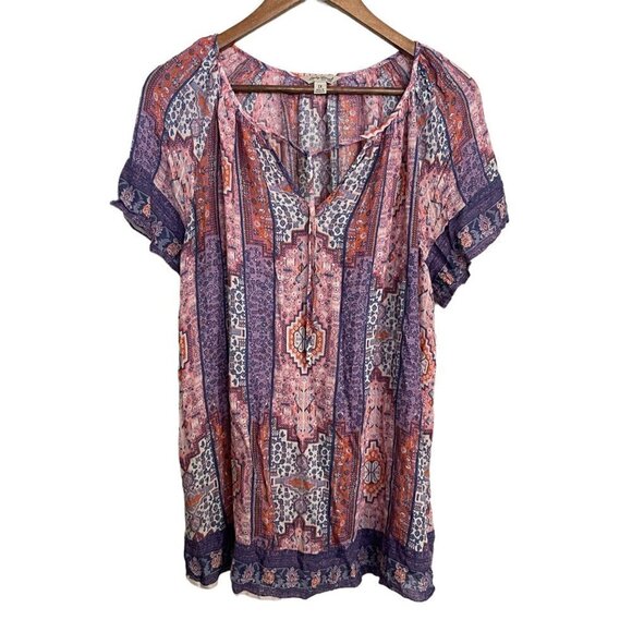 Lucky Brand Womens Red Blue Southwestern Print Tie Neck Bohemian Blouse 1X - Picture 1 of 6
